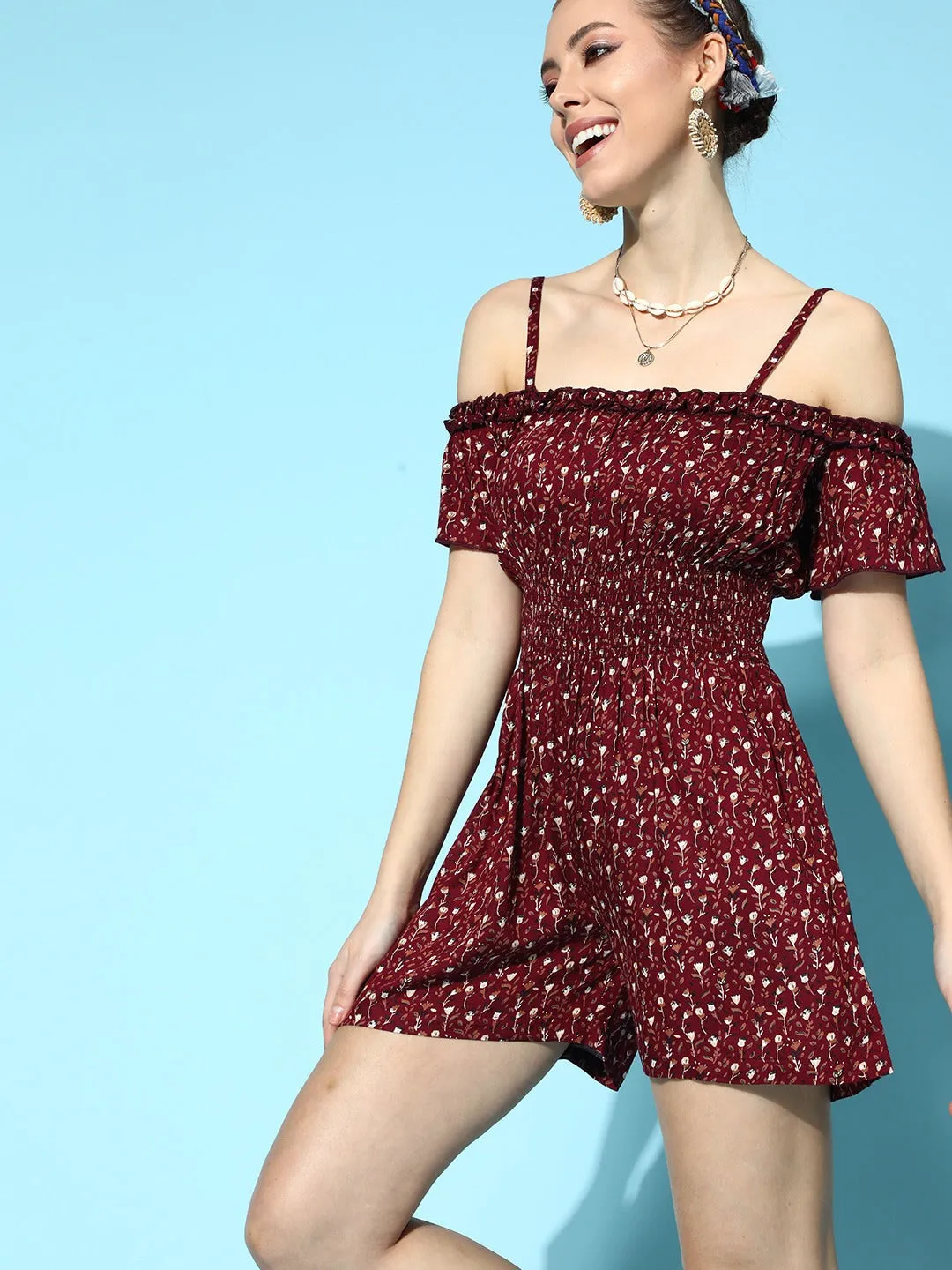 Women Maroon Floral Cold Shoulder Romper