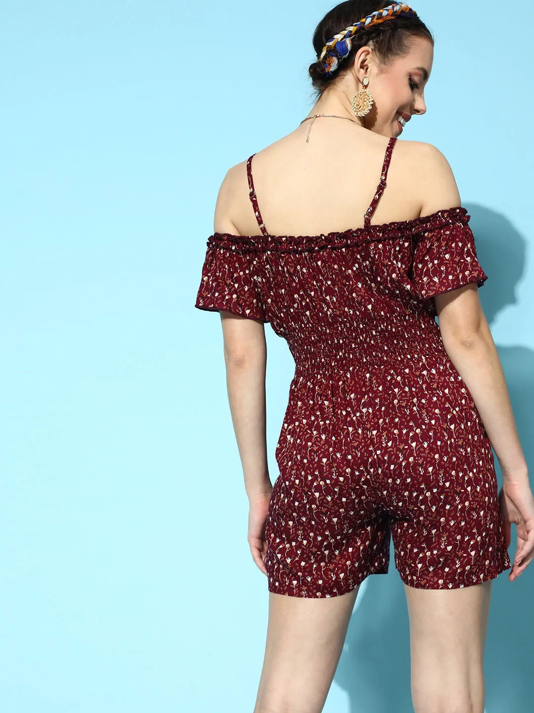 Women Maroon Floral Cold Shoulder Romper