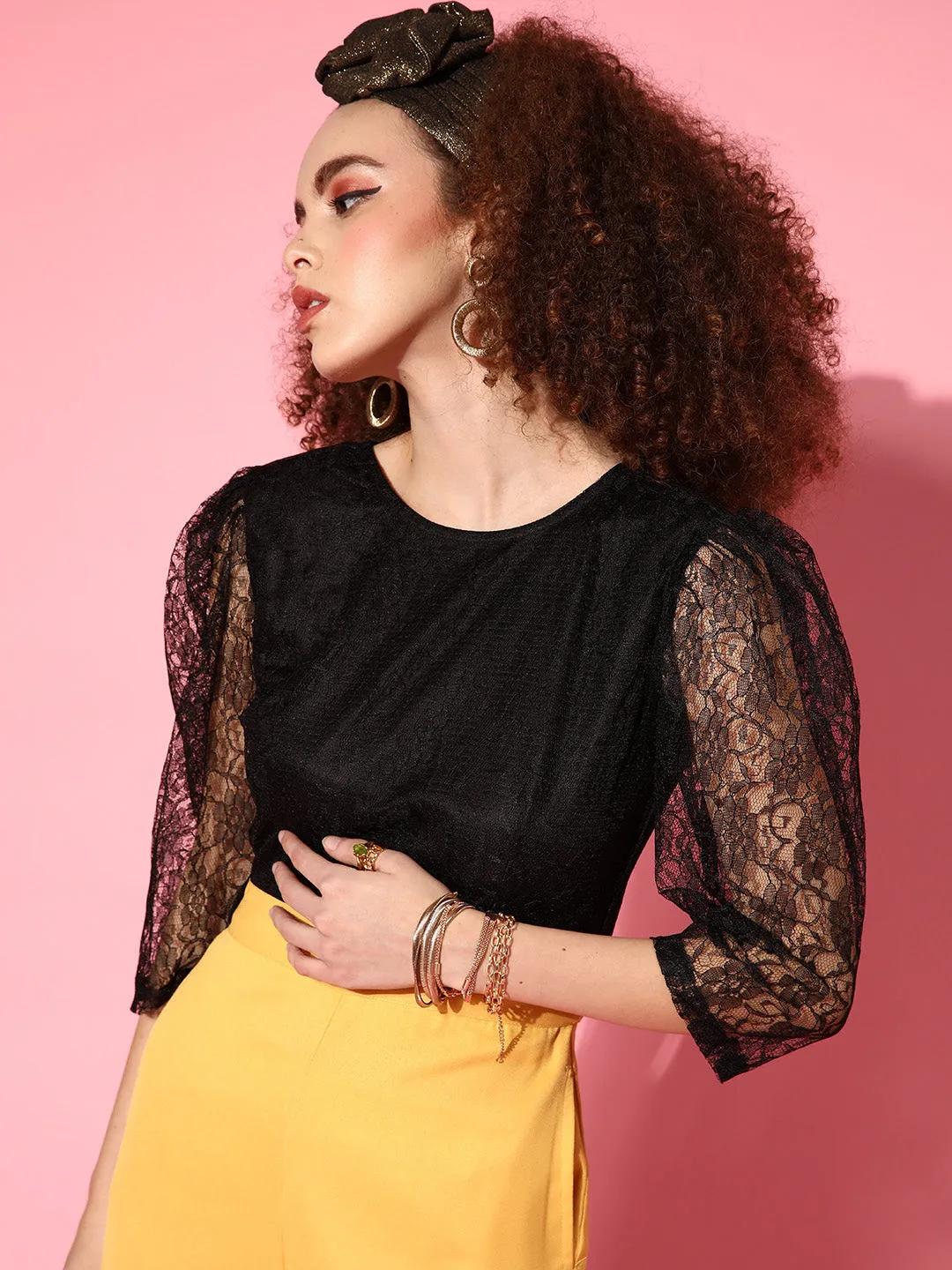 Women Mustard & Black Lace Detail Jumpsuit