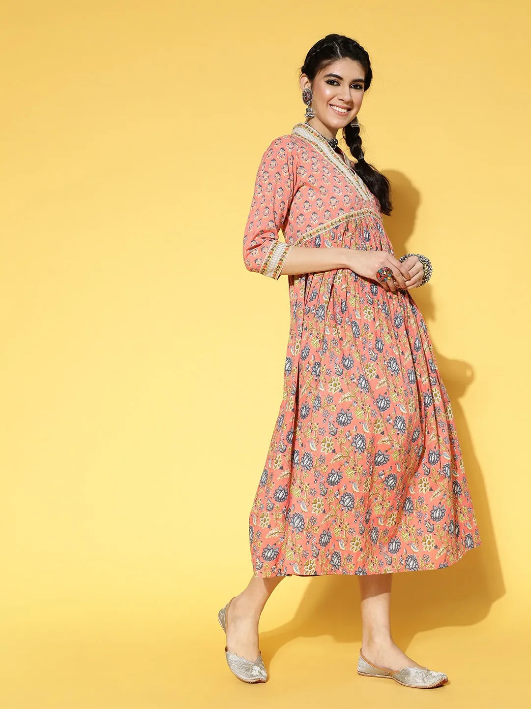 Women Peach-Coloured Floral Pure Cotton A-Line Maxi Dress