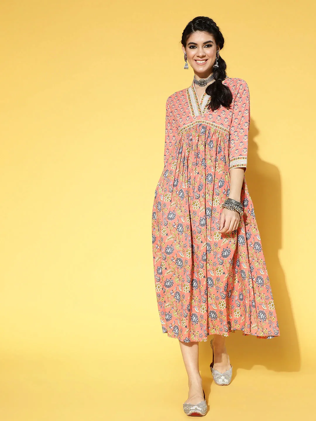 Women Peach-Coloured Floral Pure Cotton A-Line Maxi Dress