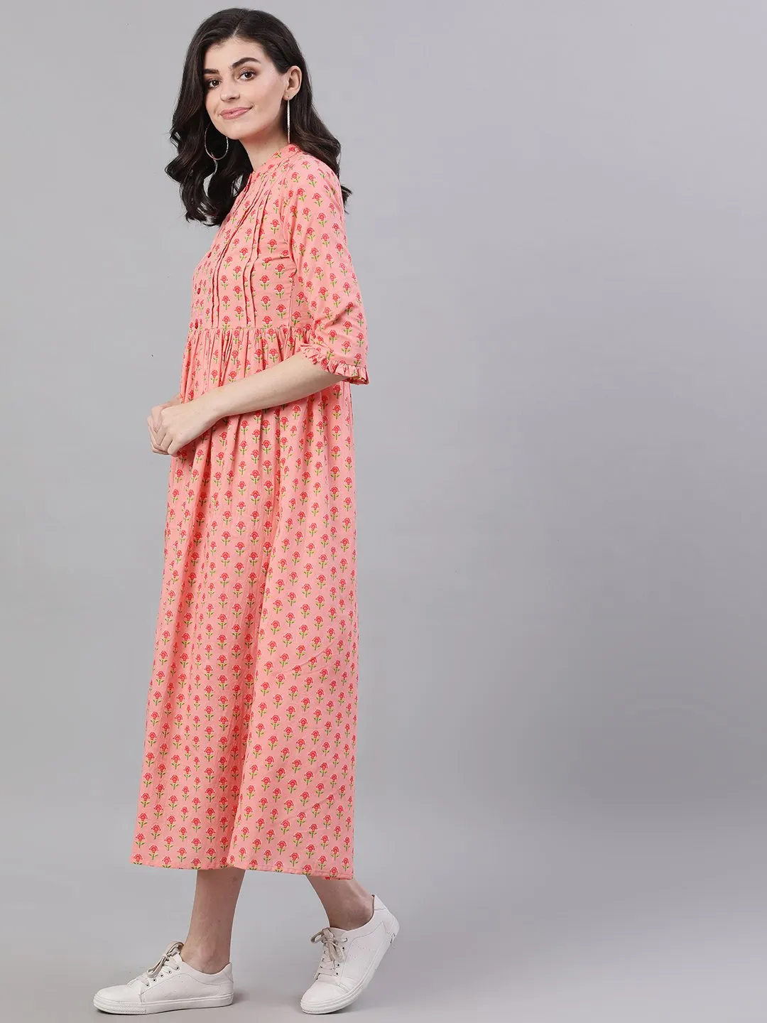 Women Pink Floral Printed Mandarin Collar Cotton Maxi Dress