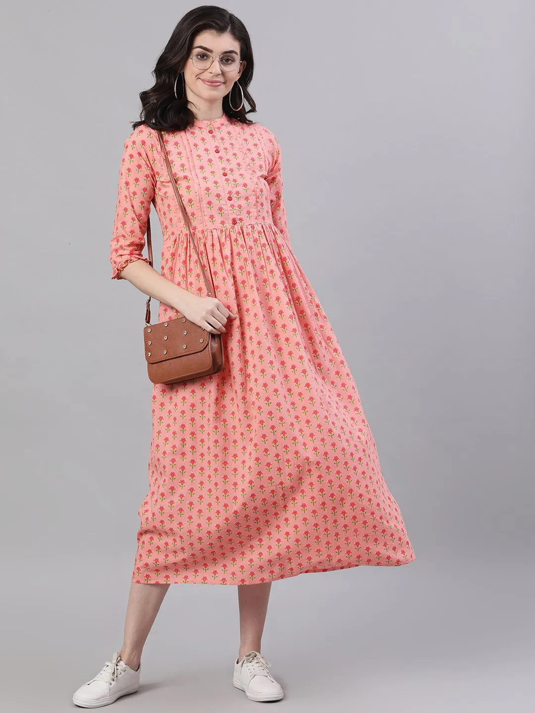 Women Pink Floral Printed Mandarin Collar Cotton Maxi Dress