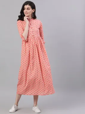 Women Pink Floral Printed Mandarin Collar Cotton Maxi Dress