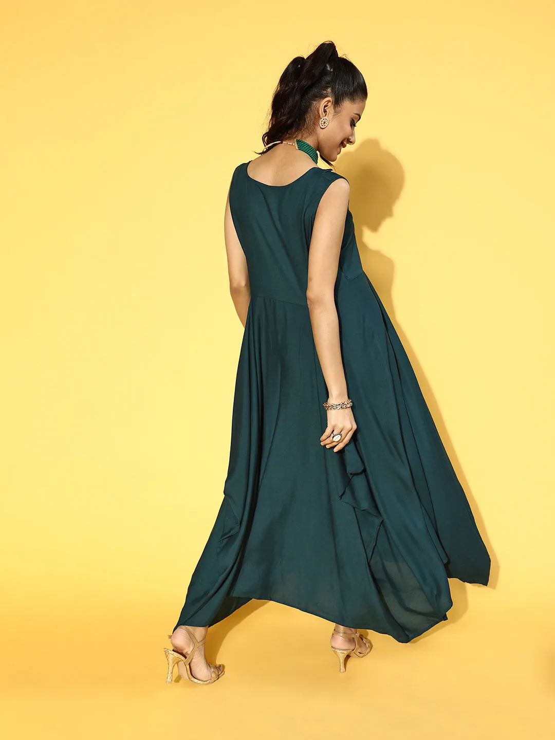 Women Teal Green Solid Viscose Rayon Liva Maxi Dress