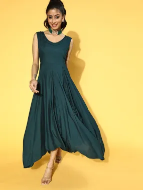 Women Teal Green Solid Viscose Rayon Liva Maxi Dress