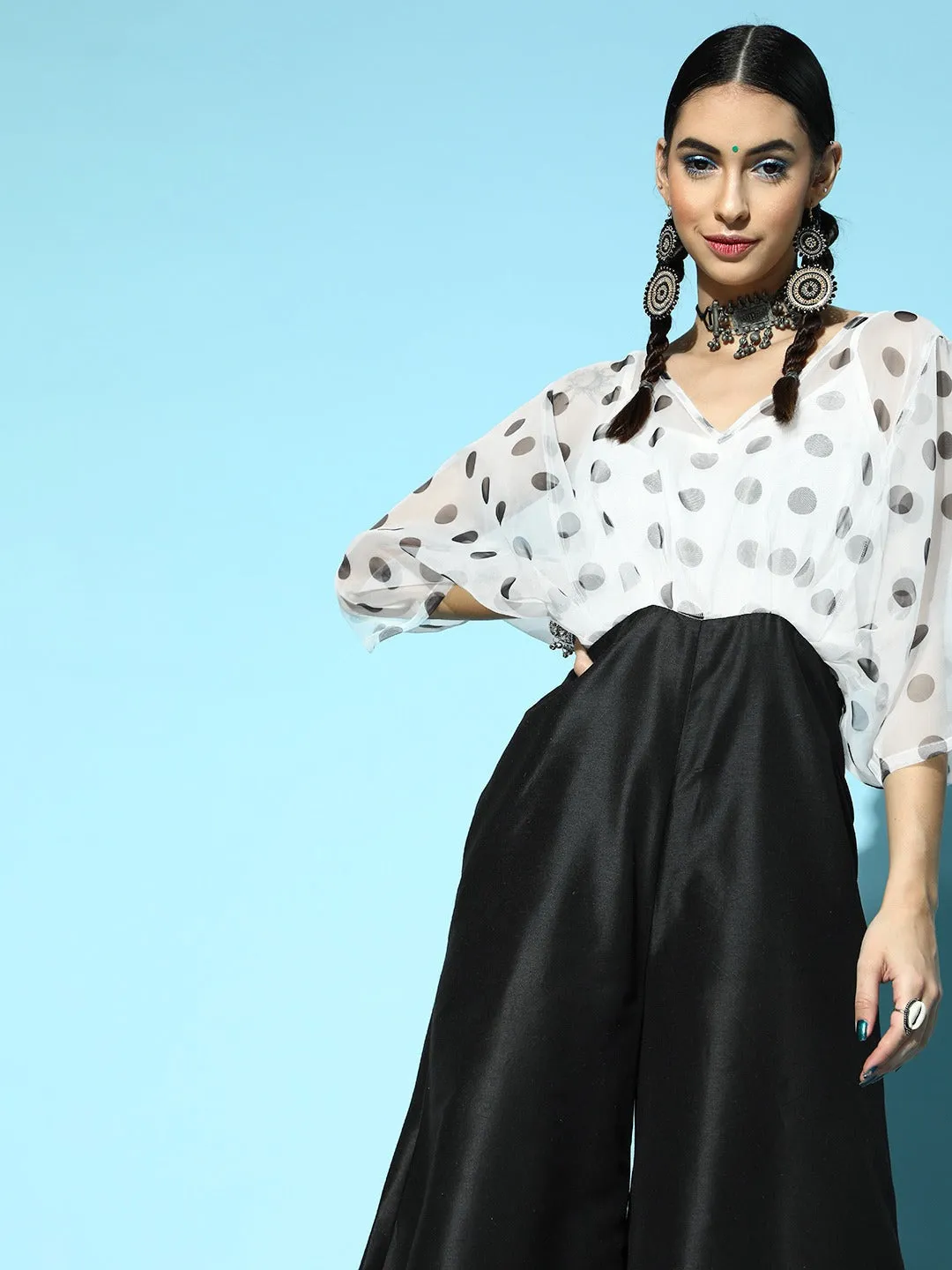 Women White & Black Polka Kimono Sleeves Jumpsuit