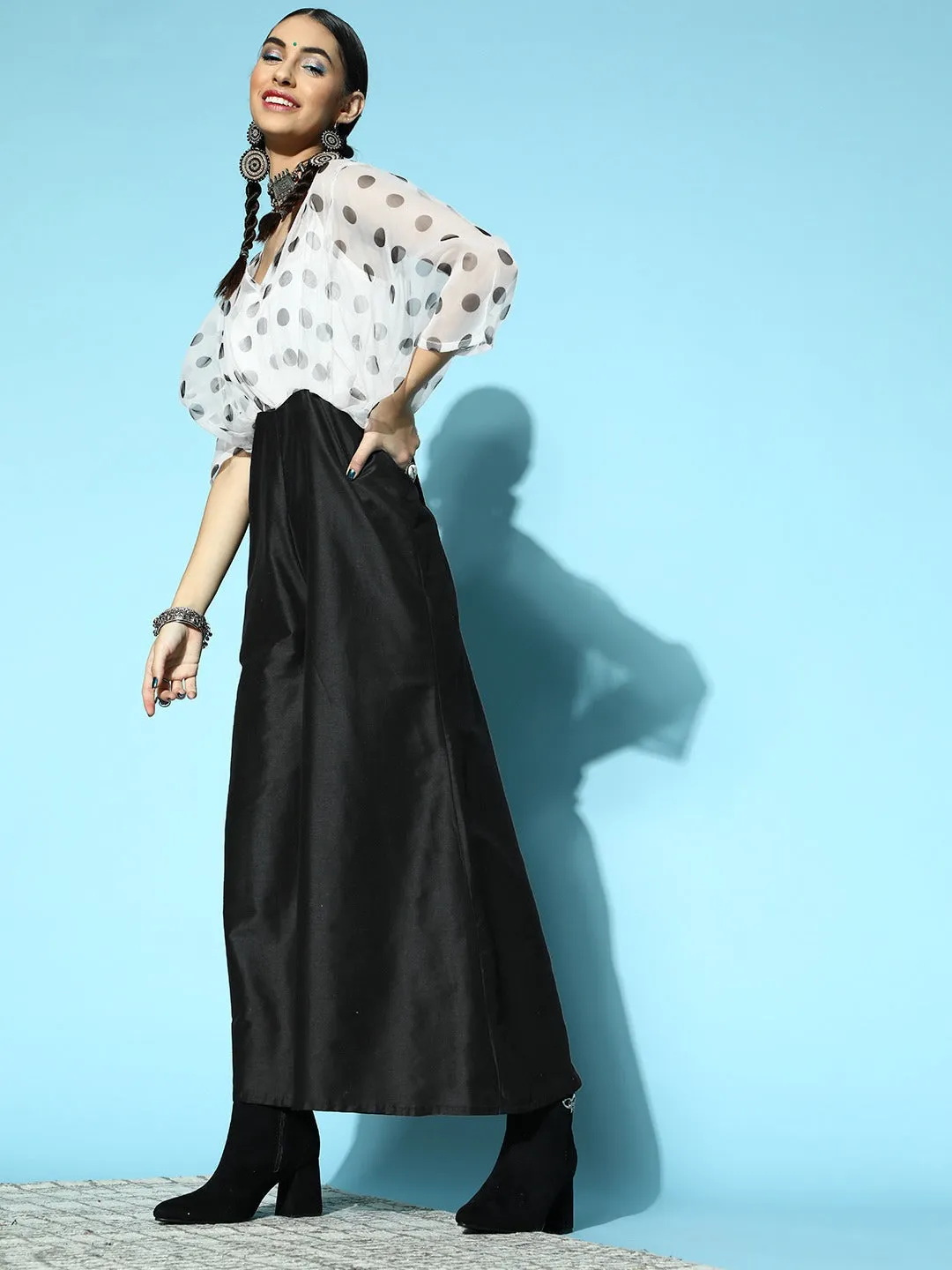 Women White & Black Polka Kimono Sleeves Jumpsuit