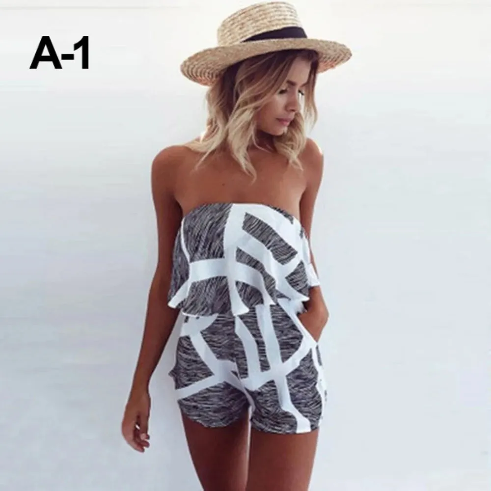 Women's beach jumpsuit 2024 summer street fashion striped V-neck printed loose jumpsuit with suspender skirt