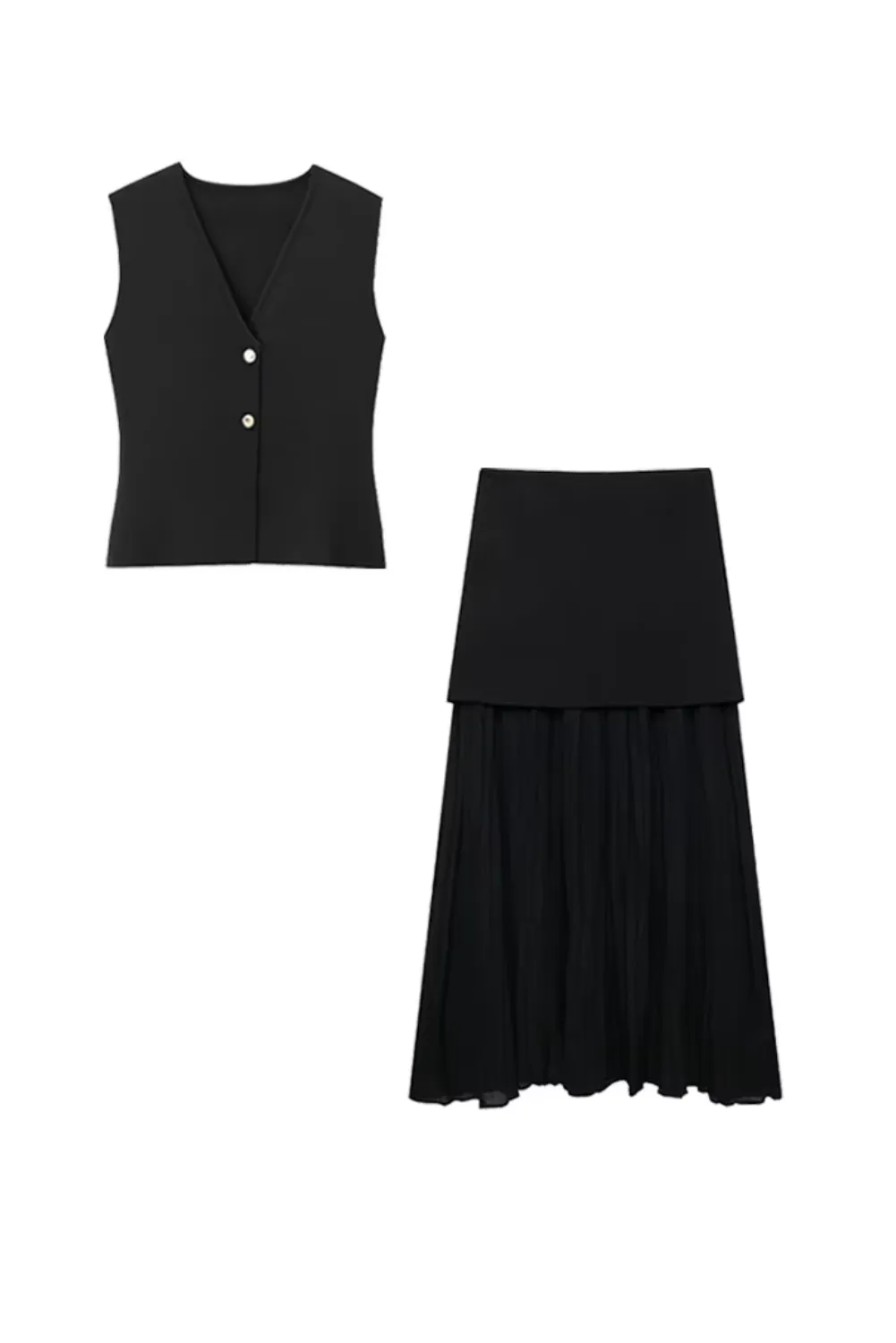 Womens Elegant Two-Piece Black V-Neck Sleeveless Top & High Waist Layered Skirt Set