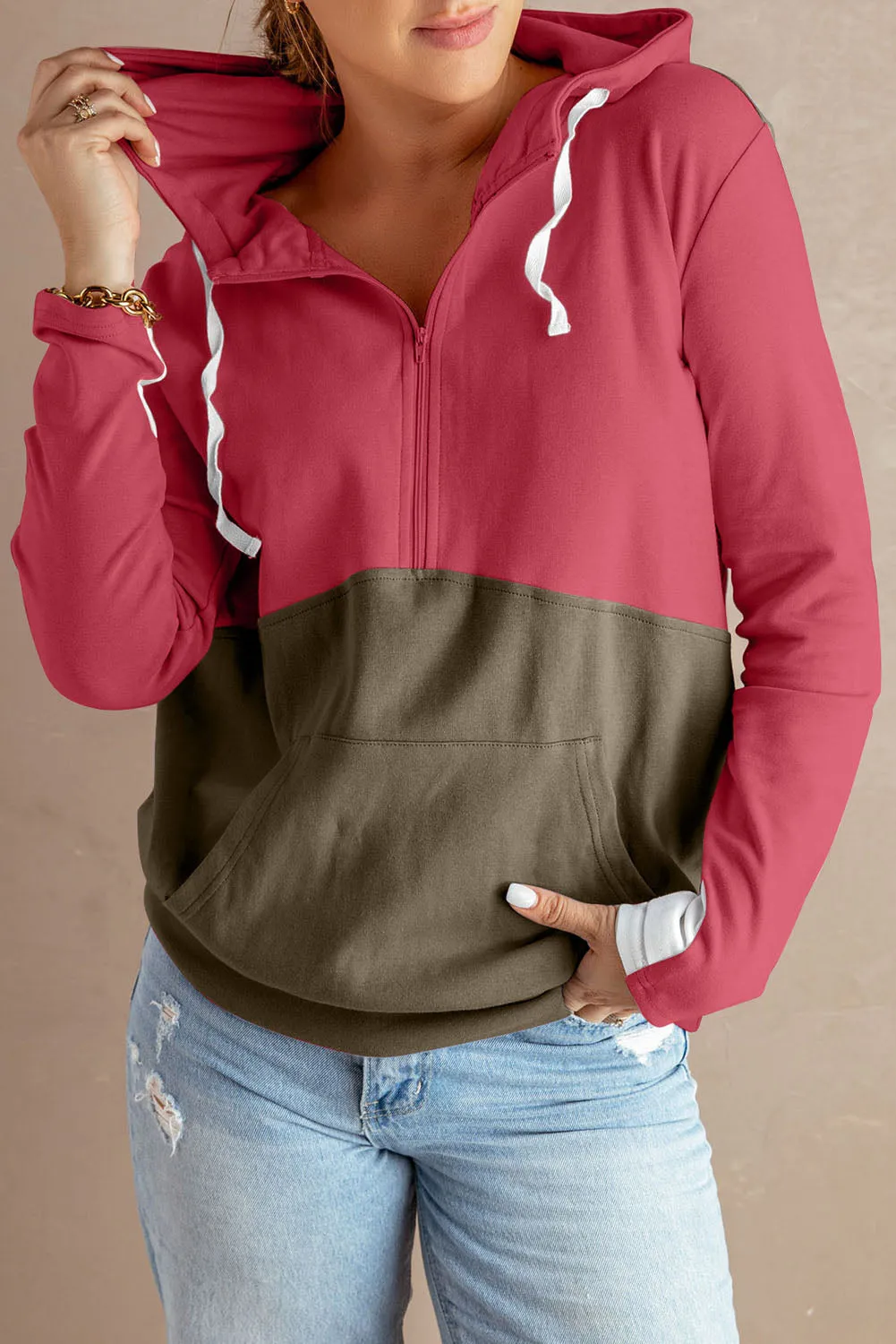 Women's Long Sleeve Casual Pullover Tops Half Zip Colorblock Hoodie