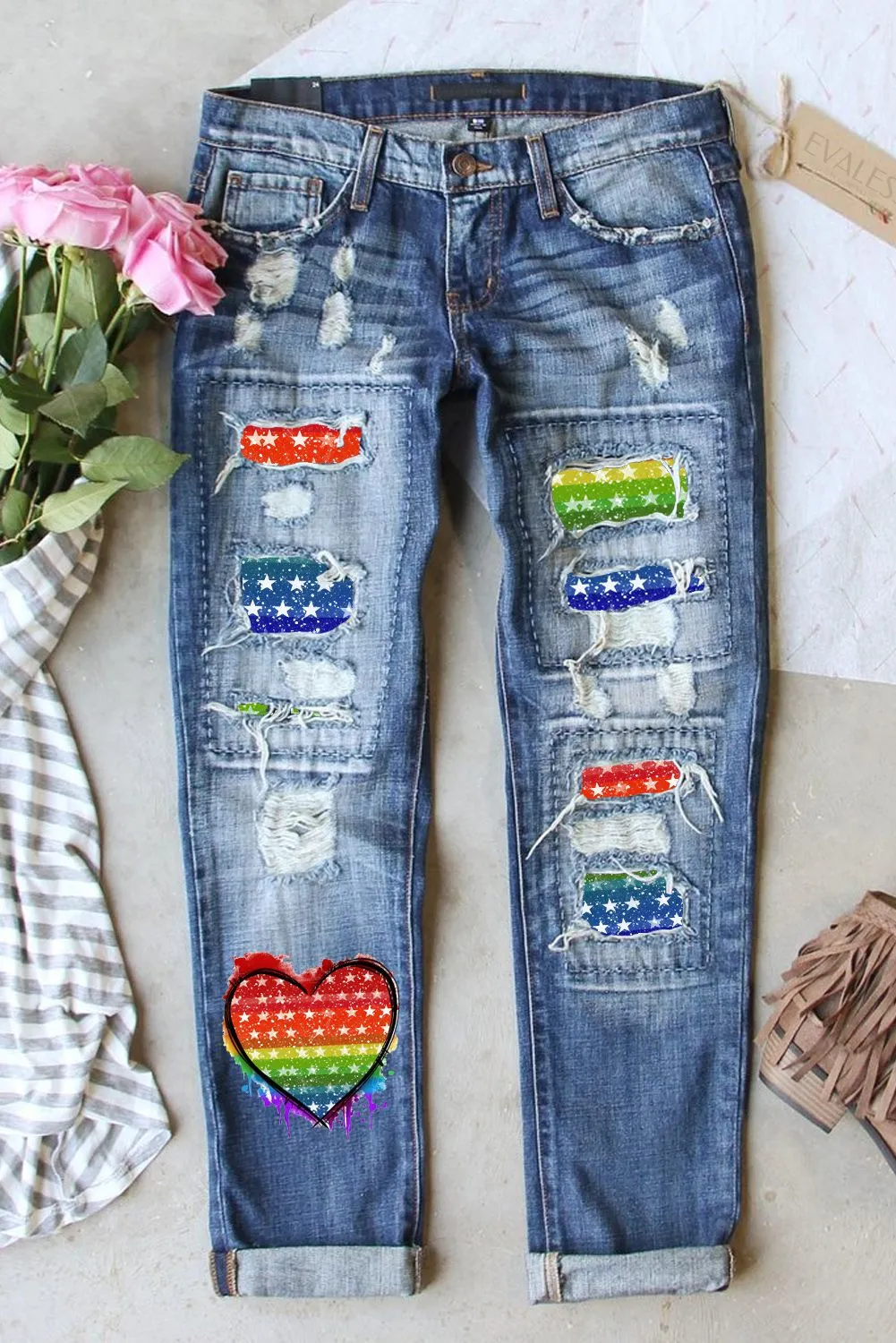 Women's Ripped Boyfriend Distressed Denim Pants Pride Gay Start Rainbow Print Jeans