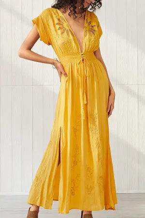 Yellow Slit Embroidered Maxi Dress