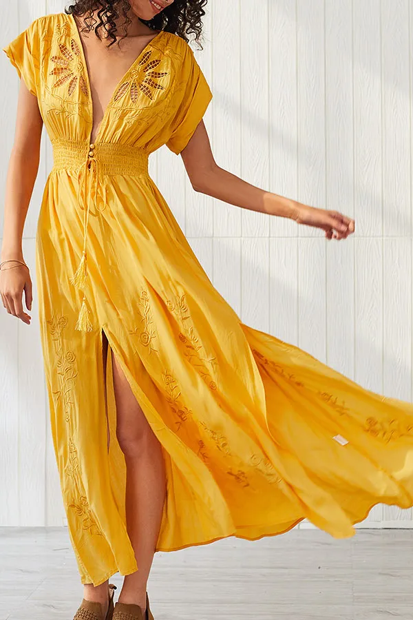 Yellow Slit Embroidered Maxi Dress