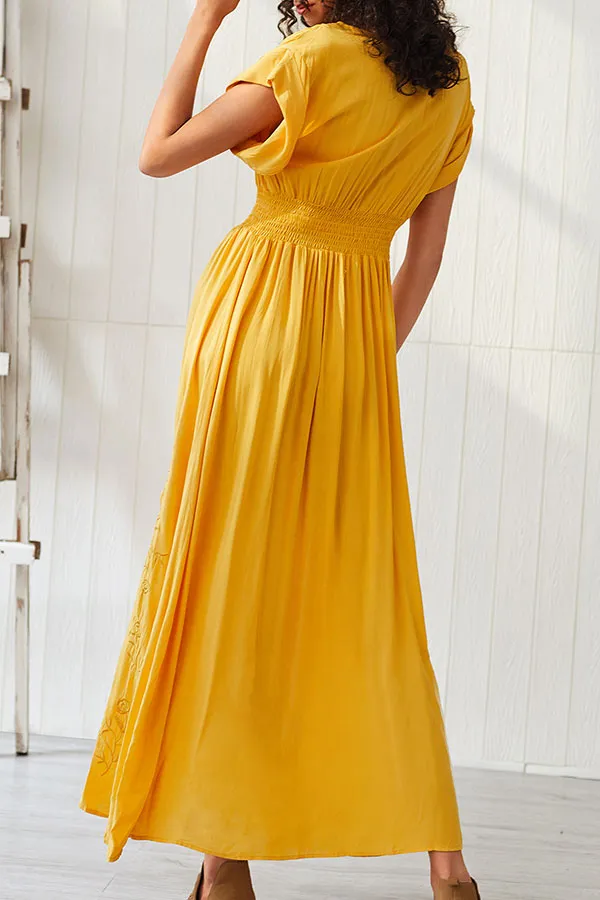 Yellow Slit Embroidered Maxi Dress