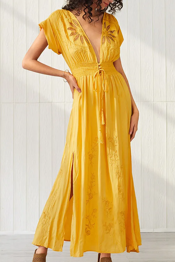 Yellow Slit Embroidered Maxi Dress